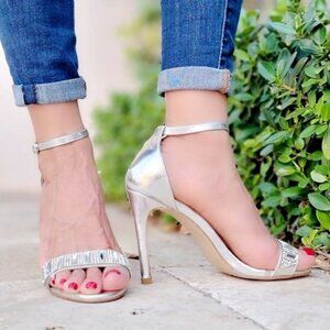 Women’s Silver Color Dress Sandals Open Toe Rhinestone Embellished Heels